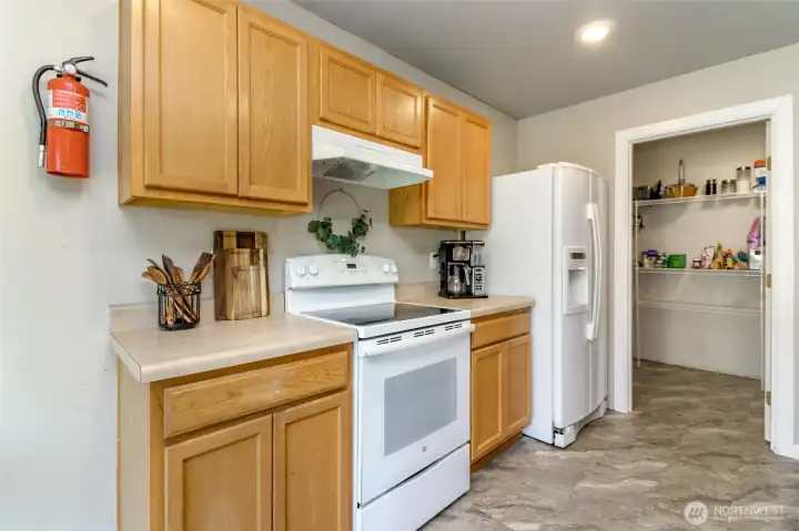 This kitchen is open to the rest of the living space allowing you to be part of the action while you are preparing meals!  The large walk in pantry with shelving is going to make your friends envy you!