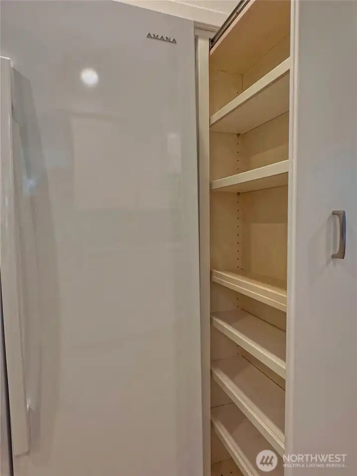 Functional pull-out pantry system keeps spices and cooking ingredients neatly tucked away.