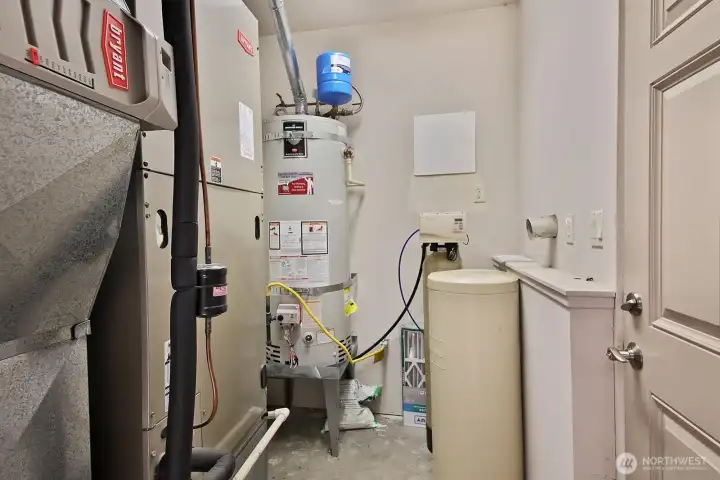 Forced air electric furnace and propane water heater. The door to the right leads to the outside. Forced air electric furnace and propane water heater. The door to the right leads to the outside.