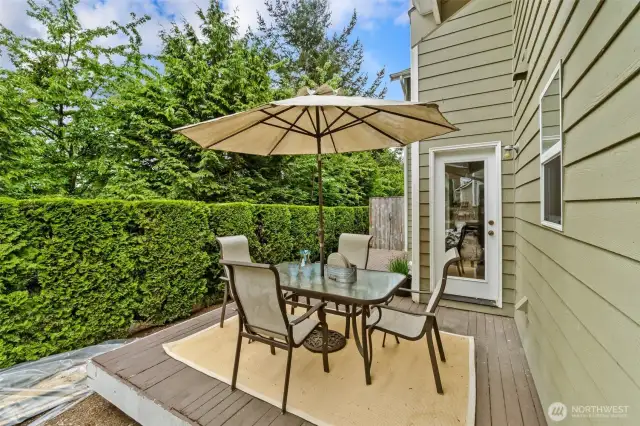 Oversized Deck has plenty of room for bbq and table plenty of space for flowers or vegetable container gardening also.