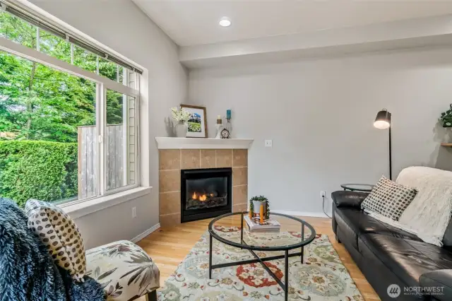Corner gas fireplace in familyroom next to oversized view window to enjoy lovely green outdoors.