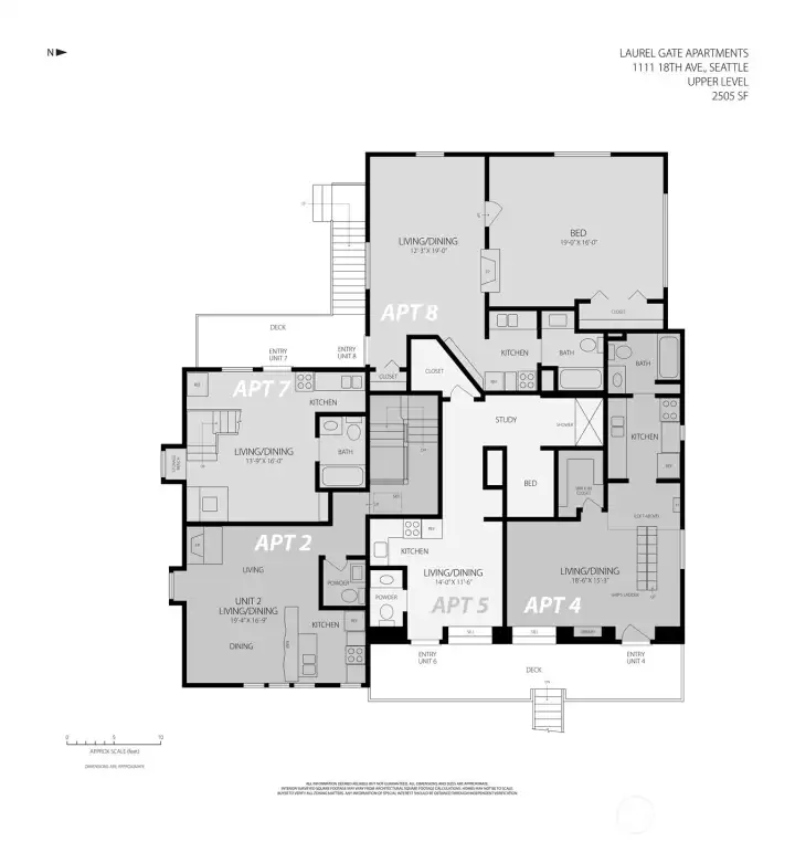 Upper Level Floor Plan – Private Entries, Open Layouts, Elevated Living  Laurel Gate’s upper level hosts four individually accessed units—each uniquely configured for light, privacy, and livability. Apartments 4 and 7 feature lofted sleeping areas, while Units 6 and 8 offer spacious one-level living with generous windows and warm hardwoods. With no shared corridors and abundant natural light, this floor offers a rare blend of independence and charm—ideal for long-term tenancy.