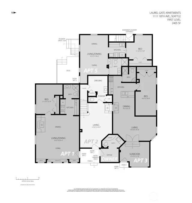 Main Level Floor Plan – Five Unique Residences, One Historic Framework This floor plan captures the main level of Laurel Gate, thoughtfully divided into four resident units and one owner-reserved space. Each apartment features private entries, fir flooring, and distinct architectural details—like sunrooms, bay windows, and built-ins—that speak to the building’s 1900 origins. With no shared hallways, every unit offers a house-like feel, supported by modern systems and long-term tenant appeal.