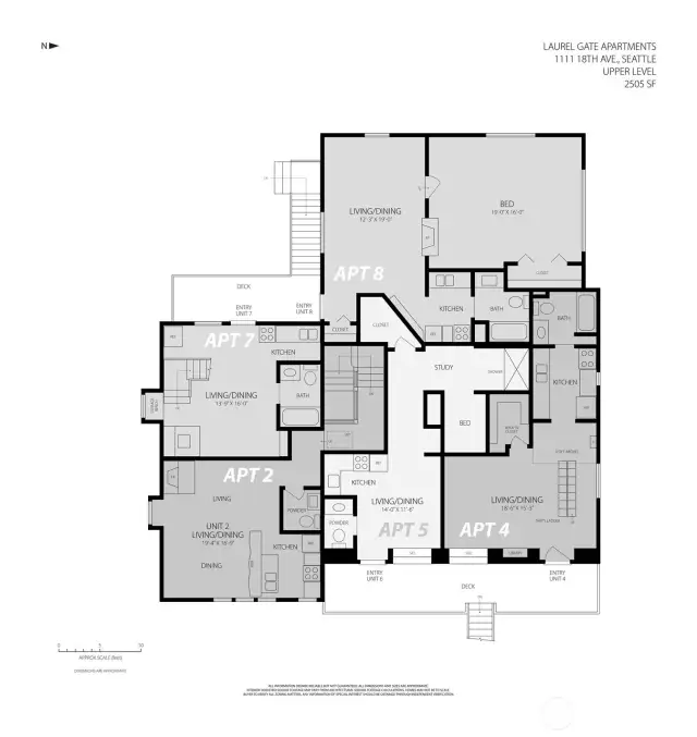 Upper Level Floor Plan – Private Entries, Open Layouts, Elevated Living Laurel Gate’s upper level hosts four individually accessed units—each uniquely configured for light, privacy, and livability. Apartments 4 and 7 feature lofted sleeping areas, while Units 6 and 8 offer spacious one-level living with generous windows and warm hardwoods. With no shared corridors and abundant natural light, this floor offers a rare blend of independence and charm—ideal for long-term tenancy.