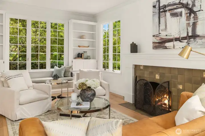 Gather around the fireside in a room designed for comfort and charm