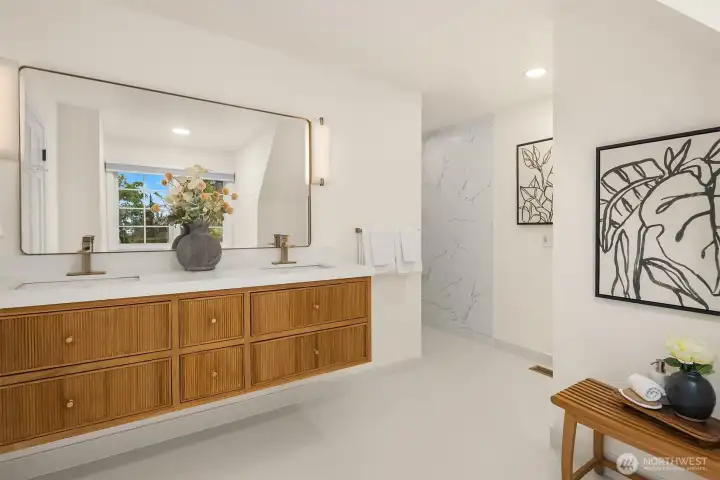 Spa-inspired bath with floating teak vanity and dual sinks