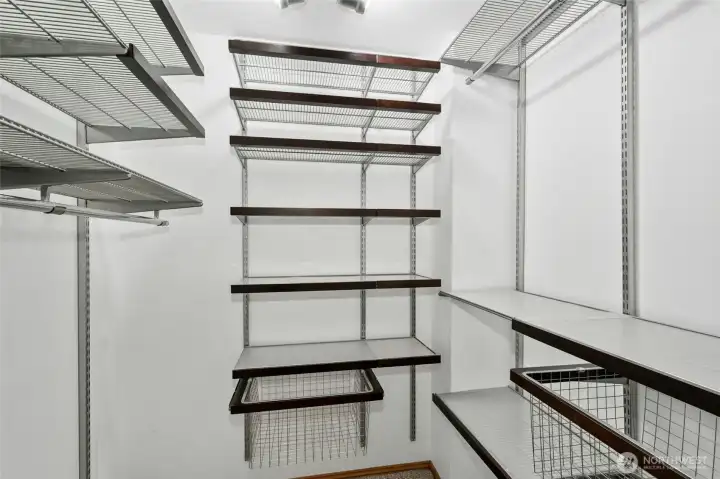 Walk-in closet with organizers.