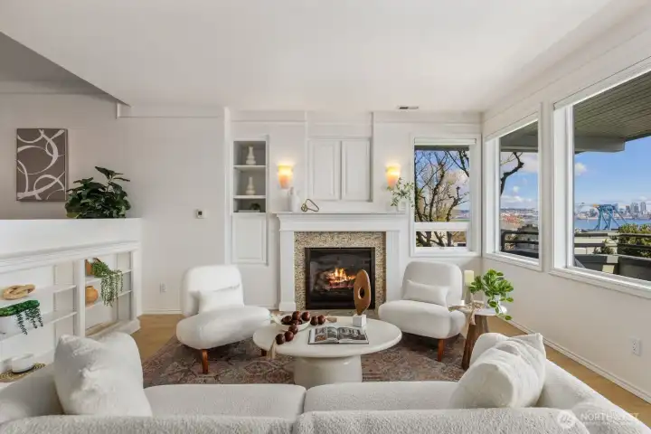 Gas fireplace, custom storage cabinets.