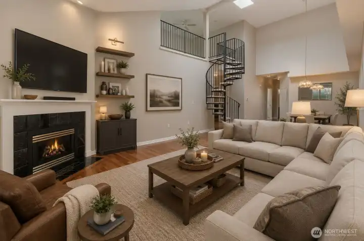 Virtually staged Great Room, large space with alot of natural light from 6 skylights!