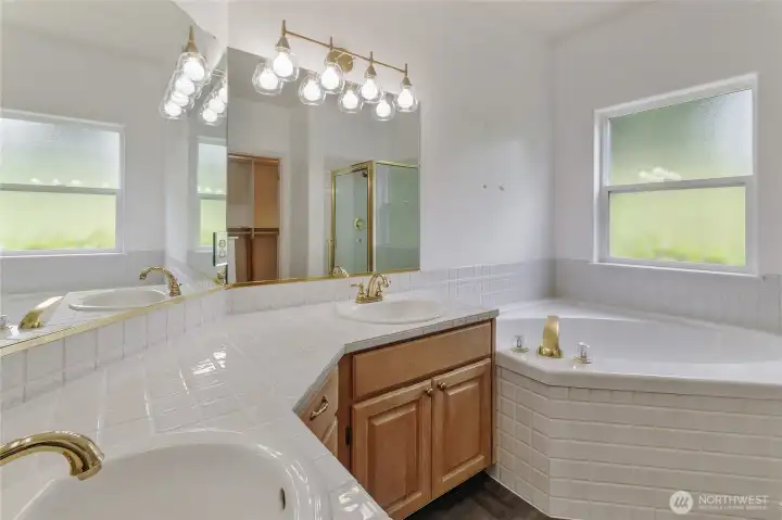 Primary Suite 5-piece bath with large soaking tub, 2 sink vanity, walk-in shower and walk-in closet