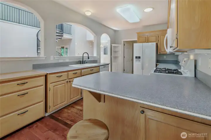 kitchen just off laundry room and garage and open to the great room and dining space