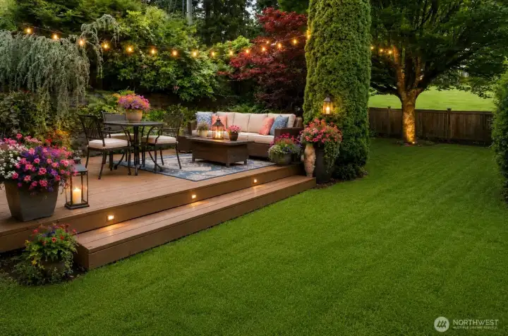 Virtually staged backyard space with large stand-alone deck