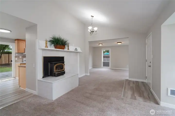 Living room extends past the front door with a visual separation which is nice for gatherings!