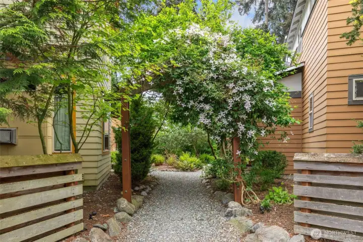 Enter the courtyard under a trellis of jasmine.