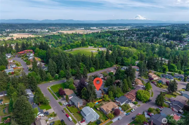 direct access to West Fenwick Park offering playground, sports fields, Skate Park and incredible Mt Rainier views