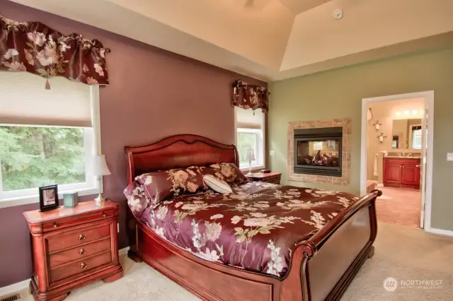 Master suite, see through gas log fireplace to enjoy from your bedroom as well as the soaking tub and bathroom