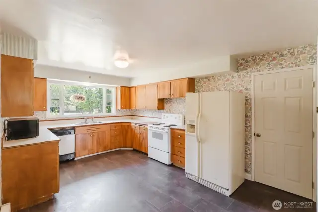 Natural wood cabinets.
