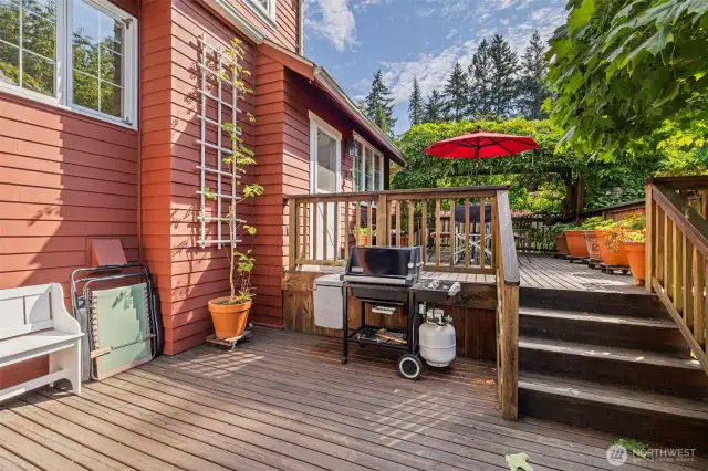 This two-tiered deck has plenty of room for BBQ grill and colorful potted plants.