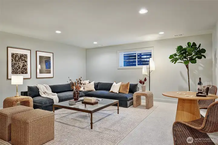 Lower level rec room / media room / game room has lots of space to work with.