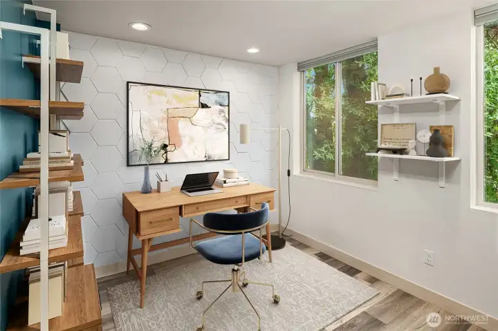 Bedroom two virtually staged as an office.  Built in shelves are real and convey with the property.