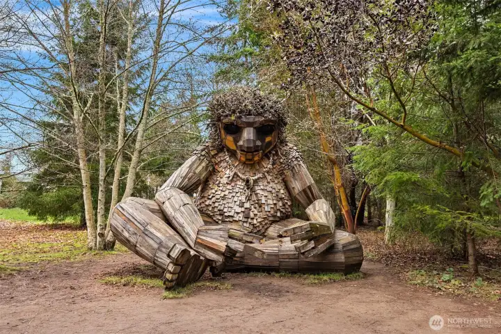 Just moments from home, Pia the Peacekeeper Troll at nearby Sakai Park adds a whimsical Bainbridge Island landmark to your daily routine.