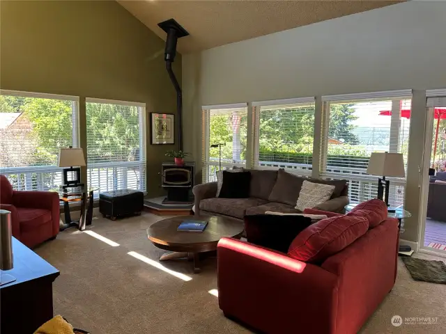 Off of the deck is the spacious living room with high ceilings & a pellet stove.