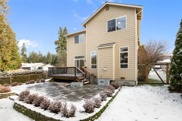 Great backyard with large deck and large paver patio