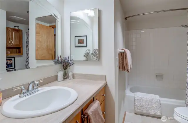 Main bathroom, updated with tile, custom cabinets, toilet, flooring, lighting, etc (bathroom much larger than it appears)