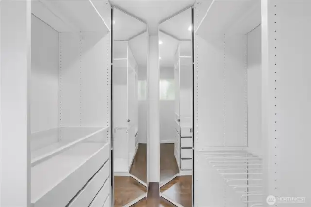 Primary Bedroom Custom Closet with Built-ins, Window and Mirrors