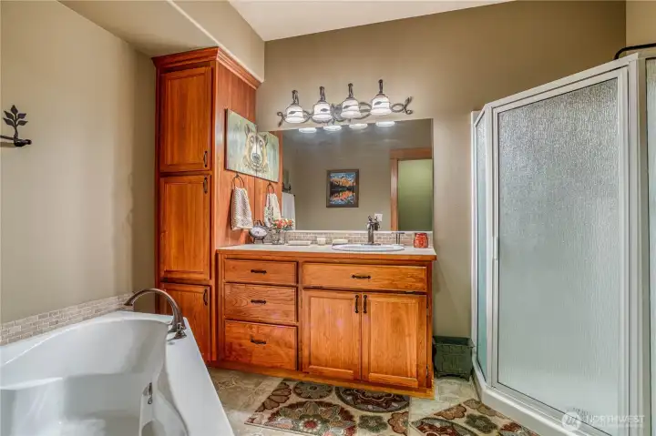 One of 2 downstairs full bathrooms. Both have separate showers & tubs. All Moen fixtures & stunning wood cabinetry.
