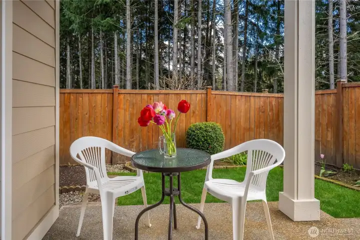 Cozy covered seating area offers a private spot to unwind and enjoy the peaceful backyard setting.