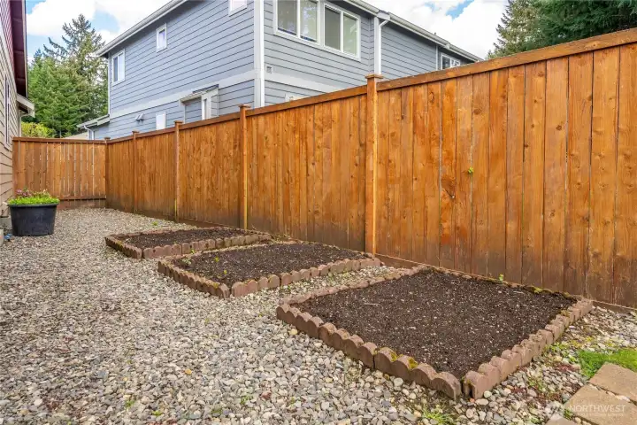 Low-maintenance yard with dedicated garden beds—perfect for planting, hobbies, or creating your own outdoor retreat.