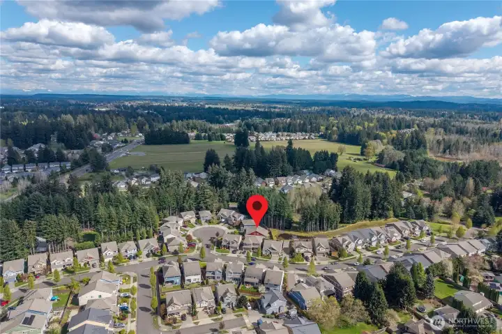 Sweeping aerial views showcase the surrounding community, greenery, and convenient location.