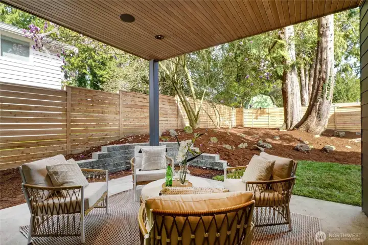 Covered Patio with In-Ceiling Speakers, Private Yard with Mature Landscaping Covered Patio with In-Ceiling Speakers, Private Yard with Mature Landscaping