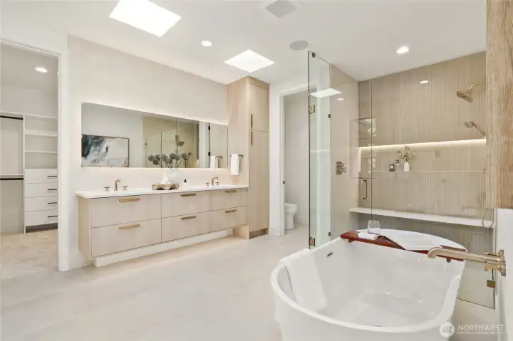 Luxurious Resort like Primary Bath with In-Ceiling Speakers, Heated Flooring and Freestanding Tub Luxurious Resort like Primary Bath with In-Ceiling Speakers, Heated Flooring and Freestanding Tub
