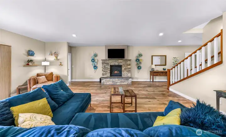 Stone fireplace with a gas insert for those chilly winter nights