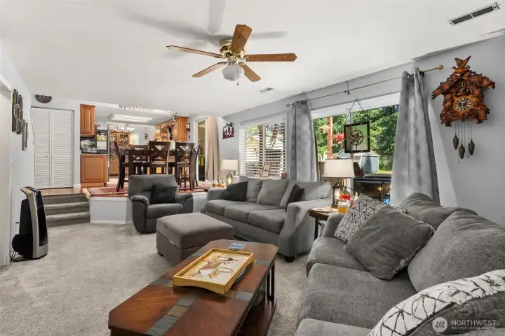 View of the open concept family room/ kitchen space