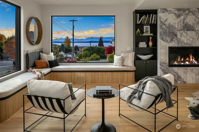 The library in the southwest corner of the home with bench seating to watch the ferries come and go.