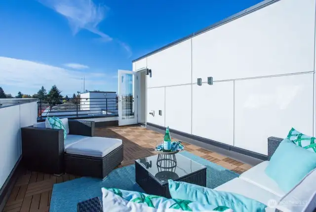 Ready for summer!  Composite decking + Cable TV hookups + lighting and privacy are just some of the features of this rooftop terrace amenity.