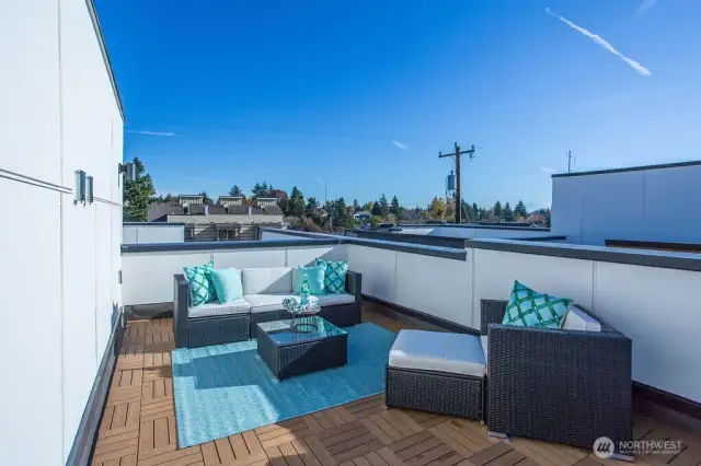 Ready for summer!  Composite decking + Cable TV hookups + lighting and privacy are just some of the features of this rooftop terrace amenity.
