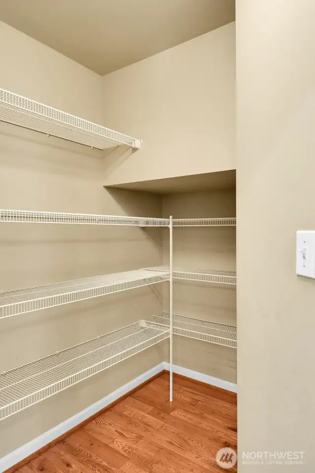 Walk-in pantry for extra storage.