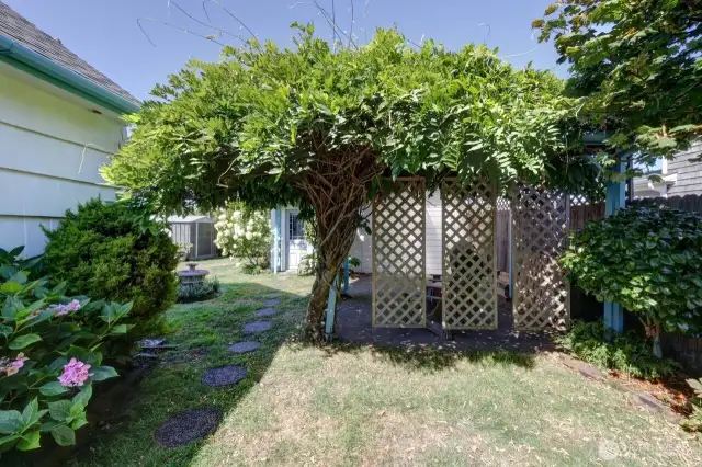 Fully fences yard with mature landscaping