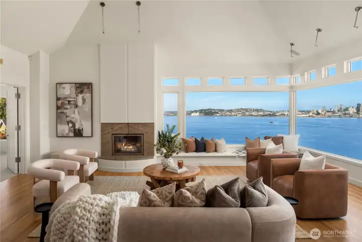Refinished hardwoods gleam and reflect the blue waters of Elliott Bay.