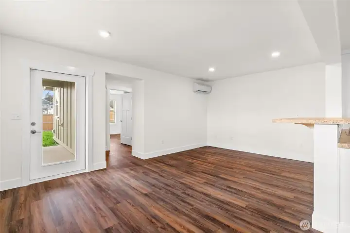 The home features: a heat-recovery ventilation system, a highly efficient mini-split heat pump- pictured here, and efficient light as well!