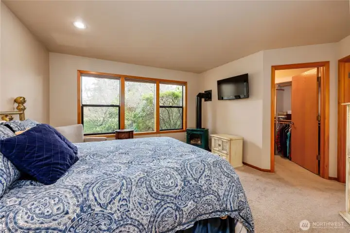 Primary bedroom has wall of windows, a propane fireplace and walk-in closet.
