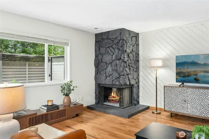 Living room facing fireplace | Outdoor patio