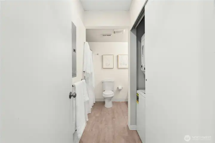 Full Bathroom | Enclosed Washer/Dryer unit and hot water heater