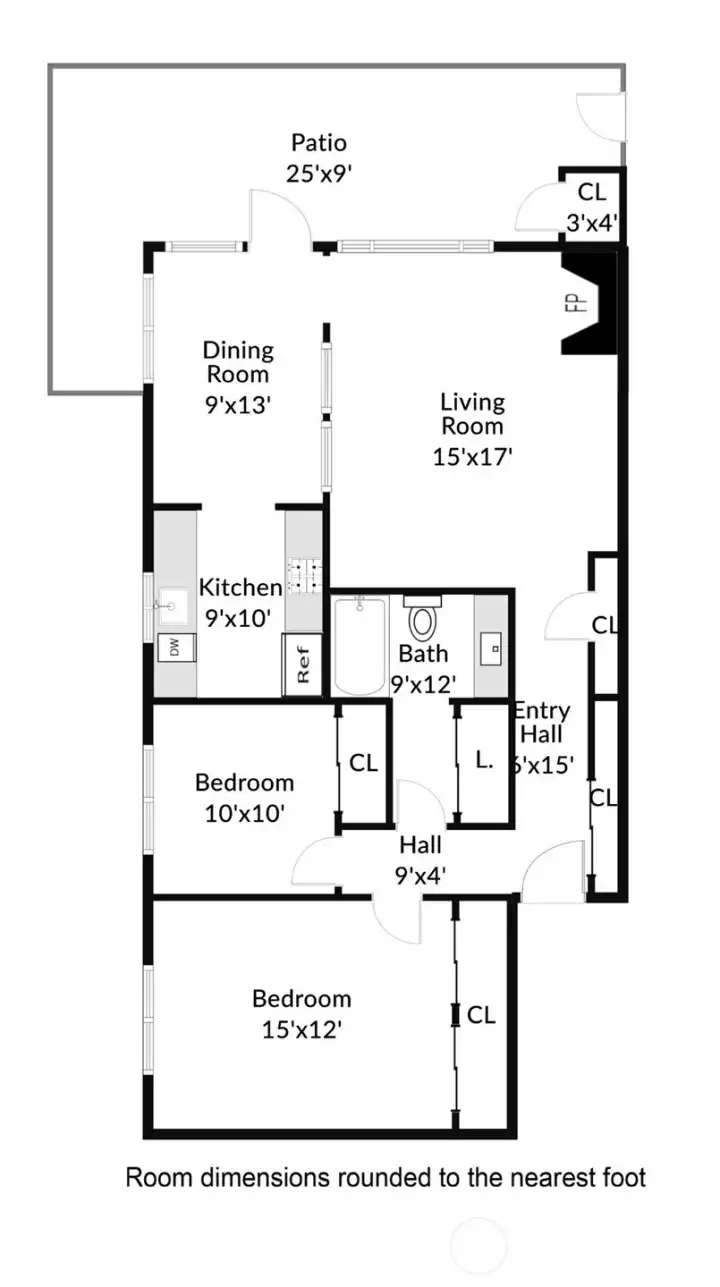 990 SF Condo Layout | 2BR | 1 BA | Outdoor Patio (not included in SF)