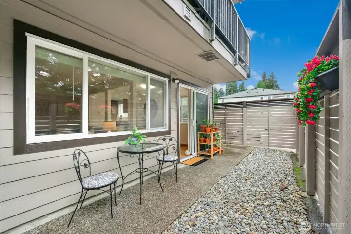 Patio | Sliding doors with key lock for daily use and access to assigned parking spaces steps away