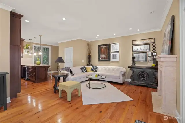 View into the family room and chef's kitchen